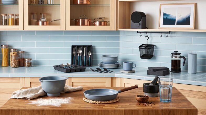 IKEA kitchen trends for autumn 2026 — clever storage and accessories in calming anthracite and duck egg blue, from £1